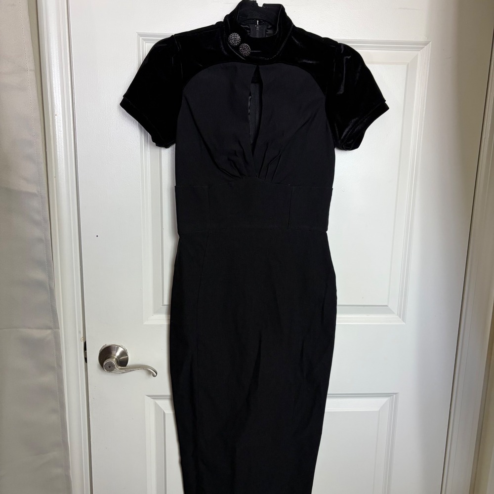 Pinup Couture Black Velvet Trim Keyhole Wiggle Dress Mock Neck Small Made in USA
